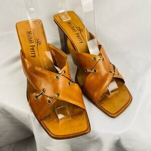 Michel Perry Square Toe Tan Block Heel Leather Sandals Size 38/7.5